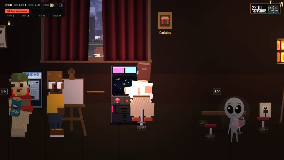 Pixel-art patrons spend a night at the dive bar's arcade machines.