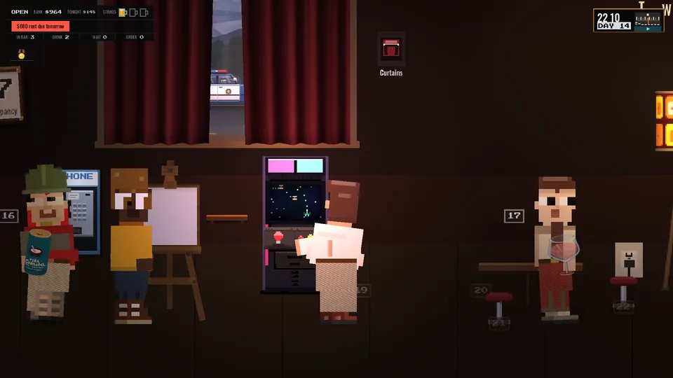 Pixel-art patrons spend a night at the dive bar's arcade machines.