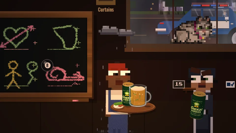 A patron holds a tray of drinks and snacks under a personal rain cloud, with a cat and police officer at the window.