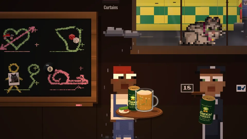 A patron holds a tray of drinks and snacks under a personal rain cloud, with a cat and police officer at the window.
