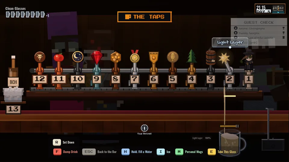 First-person gameplay at the bar's twelve taps, pouring a light lager into a glass.