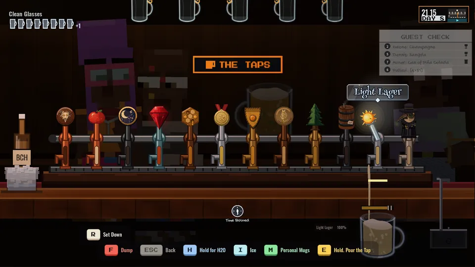 First-person gameplay at the bar's twelve taps, pouring a light lager into a glass.